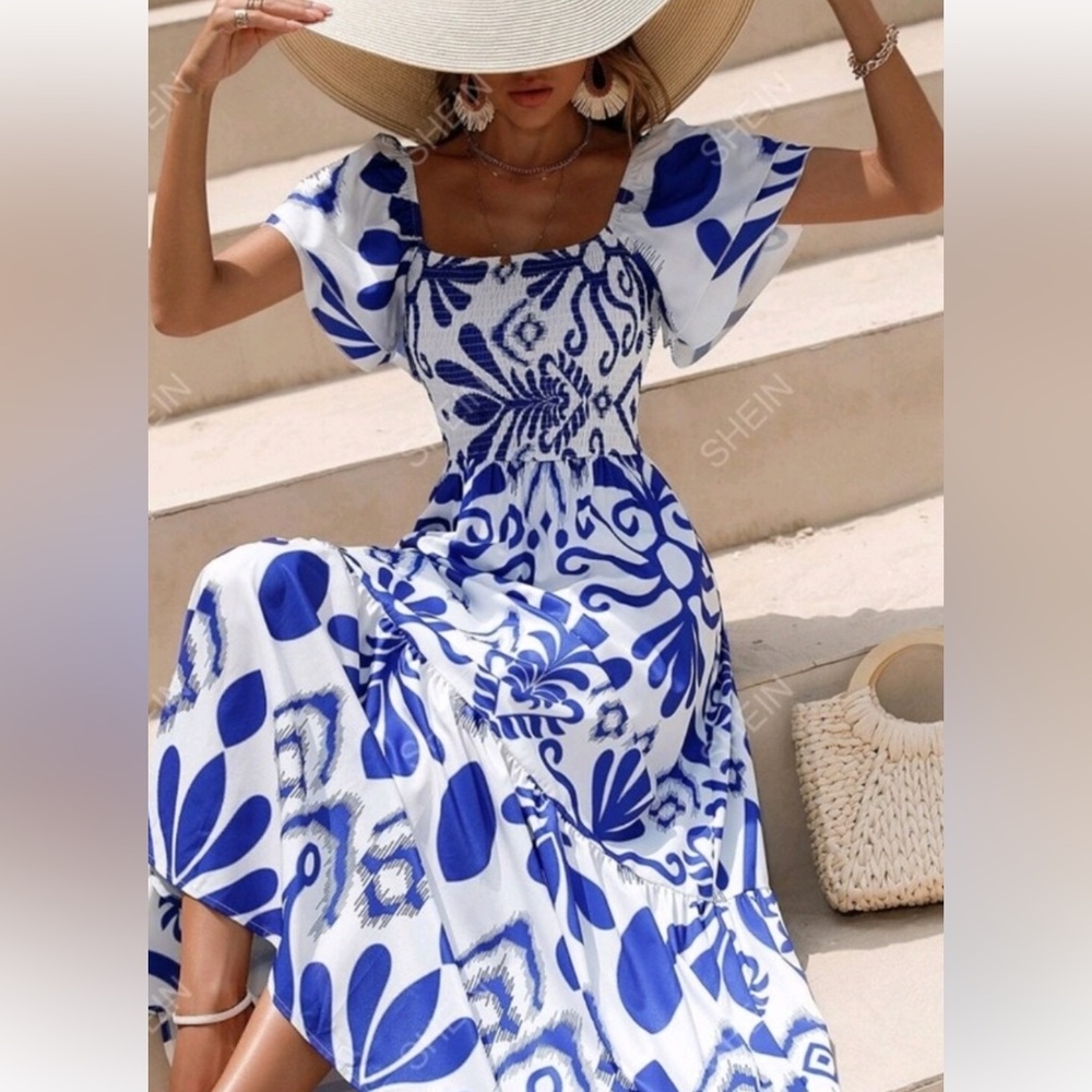 Elegant Blue and White Patterned Maxi Dress, Greece/Greek Island colors, size L